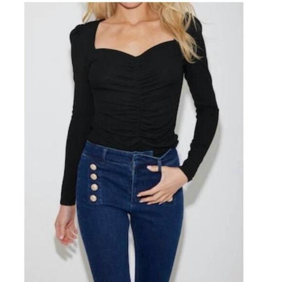 Generation Love Heart Neck Ruched Ribbed Top Black - Picture 1 of 9